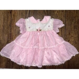 Vintage Baby Pink Bryan Ruffle Lace Pinafore Frilly Party Dress 6-9 Mo